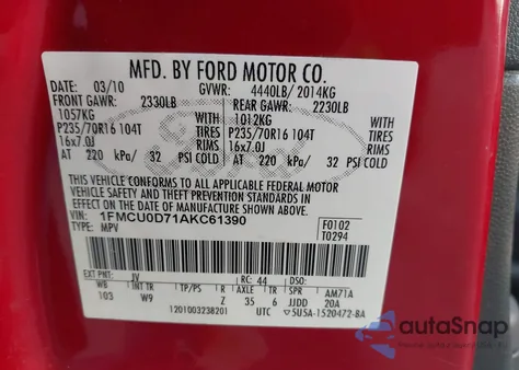 2010 Ford Escape Xlt из США, поврежденный, VIN 1FMCU0D71AKC61390